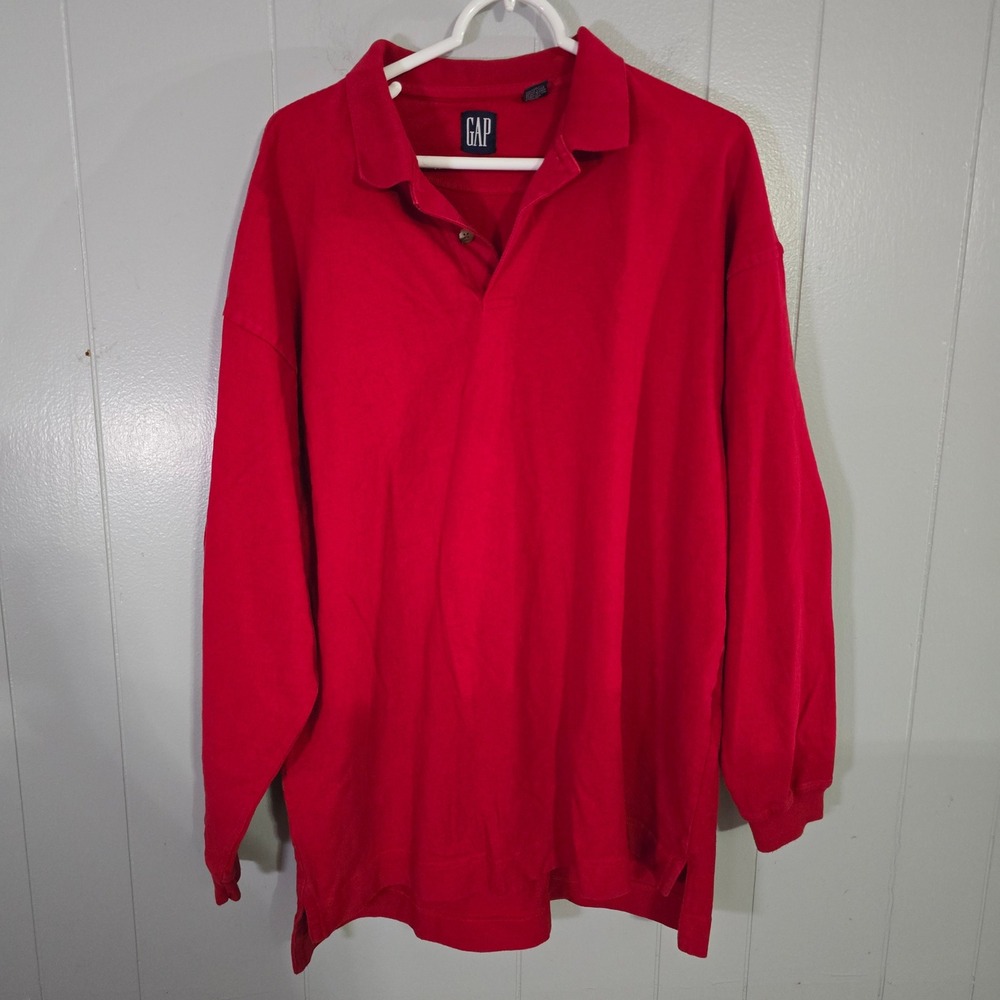 Gap Polo Shirt Mens XL Red Long Sleeve Cotton Solid Heavy Jersey Knit‎